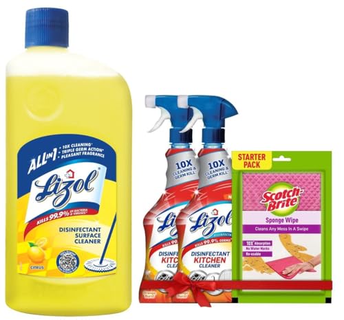 Image of Lizol Kitchen Cleaner Spray - 450ml (Pack of 2) + 1 Free Scotch-Brite Sponge Wipe & Lizol Disinfectant Surface & Floor Cleaner Liquid, Citrus - 1 Litre