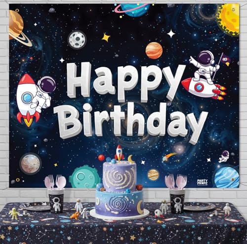 Image of Party Propz Space Theme Birthday Decoration Backdrop 2 Pcs - Outer Space Astronaut Happy Birthday Backdrop Decoration for Boys (5 x 4 Ft) with Ribbon,Astronaut Theme Decor for Kids