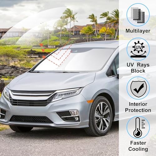 Image of Windshield Sun Shade Custome Fit 2018-2024 2025 2026 Honda Odyssey Accessories LX,EX,EX-L,Touring,Elite Minivan Foldable Window Sunshade Protector Blocks Sun Rays & Heat