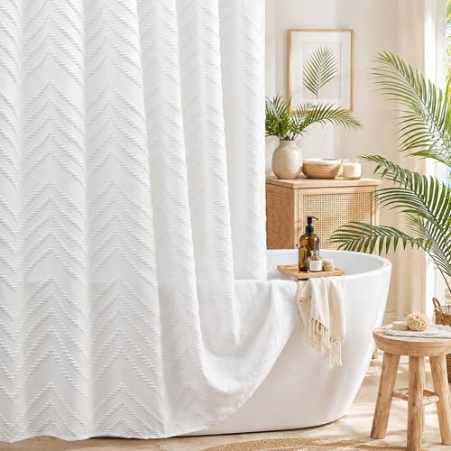 TURKIO Rideau de Douche en Tissu bohème Blanc 183 x 183 cm, Style Shabby Chic, texturé touffeté à Rayures, Rideau de Douche Minimaliste pour Salle de Bain
