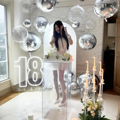 Image of 8 Pcs Silver Balloons and Clear Round Foil Balloons 22 In Transparent Balloon Metallic Silver 4D Ball Balloon Ornament Balloon for Birthday Grad Wedding Anniversary Prom Disco Party Decor