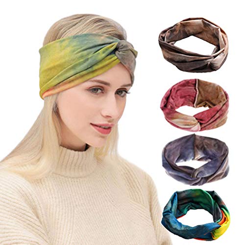 Asooll Boho Headbands Cross Headband Headpiecce Bohemia Floal Style Head Wrap Hair Band Vintage Cotton Stylish Elastic Fabric Hairbands Fashion Hair Accessories for Women and Girl(pack of4)