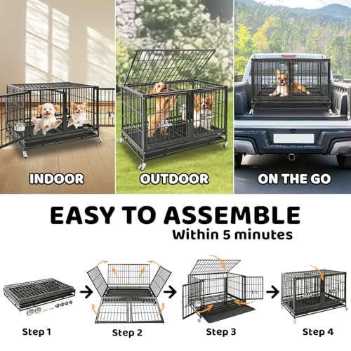 Homey Pet 43 Inch Heavy Duty Dog Crate Cage Kennel for Medium Dogs with Three Door, Divider, Removable Grid & Tray, 4 x Lockable Wheels, 2 x Bowls, Stackable Drop Cages for Breeders, Groomers