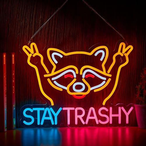 Image of Stay Trashy Racoon Neon Sign for Wall Decor LED Light USB Powered Dimmable Art Signs for Bar Pub Store Man Cave Kids Room 16.2 X 12.6 inch
