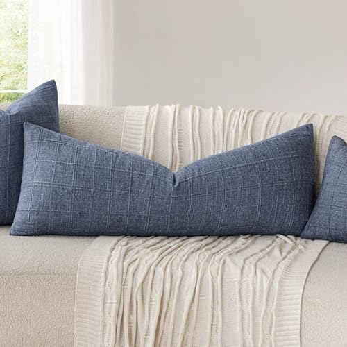 Image of Foindtower Set of 1 Decorative Linen Check Throw Pillow Cover Neutral Long Body Lumbar Cushion Cover Farmhouse Vintage Home Decor for Sofa Chair Couch Bedroom Living Room,14x36 Inch,Blue