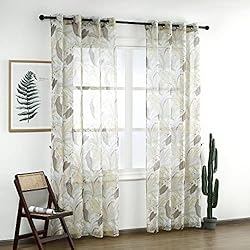 Cortinas Laminas Salon Dalina Textil - Cortina Salón Dormitorio Translúcido con diseño de Flores - Visillos Transparente 2 Unidades 140x260cm para Salón Dormitorio Sala de Estar (Flores Doradas)