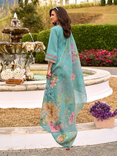 Image of INDO ERA Women's Anarkali Pure Cotton Floral Printed Embroidered Kurta & Pant with Dupatta Set (IEOUT10688)