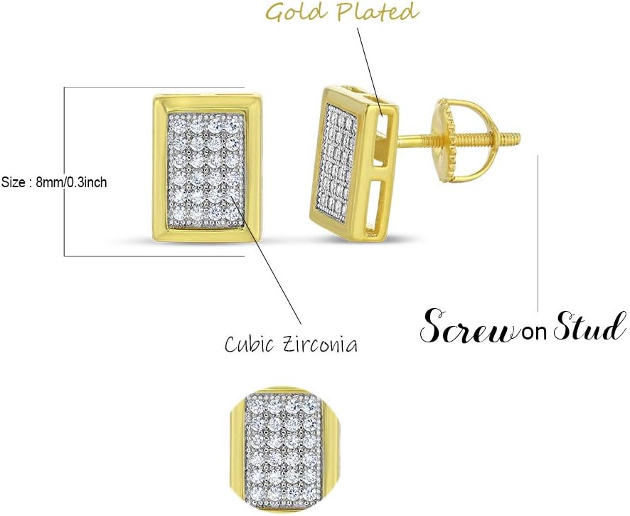 Mens Ladies 14K Gold Over Silver Lab Diamond Earrings Screw Back Studs Iced Out aretes para hombre - Men's Earrings, Screw Back, Men's Jewelry, Hip hop Earring