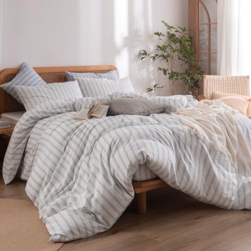 Image of BESTOUCH Striped Cotton Duvet Cover Set Linen Feel Super King Plus | 100% Washed Cotton, Soft Wrinkle Texture, Hidden Zipper, 8 Ties, Breathable Lightweight Durable Comfy, 3 Pcs No Insert