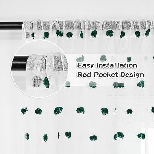 Image of MYSKY HOME Hunter Green Pom Pom Curtain for Kitchen Window 54 Inch 2 Pieces