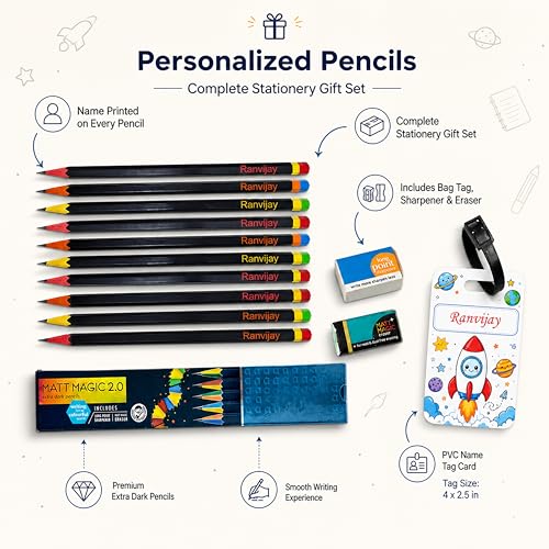 Image of SAVRI Personalized Pencil Set with Name for Kids (10 Pcs) | Customized Name Engraved Pencils with Name Tag, Sharpener & Eraser | Stationery Gift for Boys Girls | Birthday Return Gift for Kids