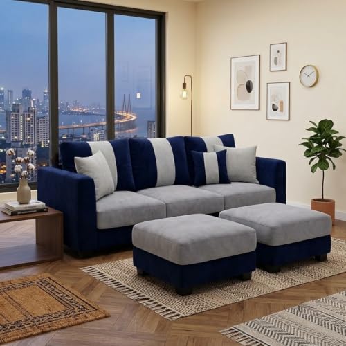 Image of Revo 5 Seater L Shape Sofa Set with 2 Movable Ottomans | Flexible Layout | Luxury Velvet Suede Fabric | Modern Living Room Sofa | Dark Blue-Light Grey