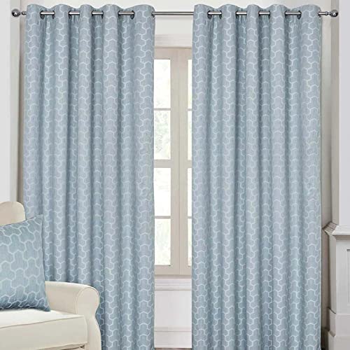 HOMESCAPES Blue Geometric Blackout Curtains Pair Width 167cm (66") x 137cm (54") Drop Genuine 3 Pass Blackout Lining Heavy Weight Jacquard Eyelet Curtain