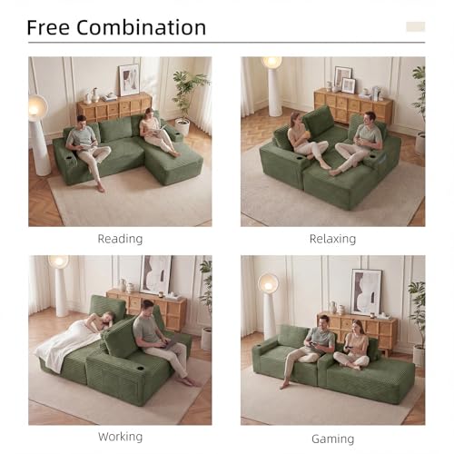 Image of 104 inch L Shaped Boneless Sectional Couches for Living Room, Comfy Corduroy Floor Cloud Sofa with Chaise and Cup Holder, Wide Armrest, Deep Seat, Assembly Free, Ideal for Small Spaces, Green