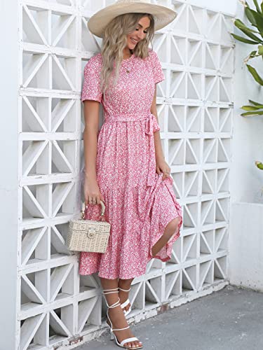 Image of Lyrur Women's Dresses Casual Summer Tiered Midi Dress Short Sleeve Belted Ruffle Babydoll Boho Sundress with Pockets