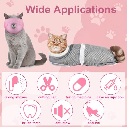 Image of 10 Pcs Cat Bathing Bag Set Mesh Shower Bag Anti Bite and Scratch Pet Grooming for Washing Brush, Cat Muzzle, Nail Clipper, Nail File, Tick Tool (Gray and Pink)