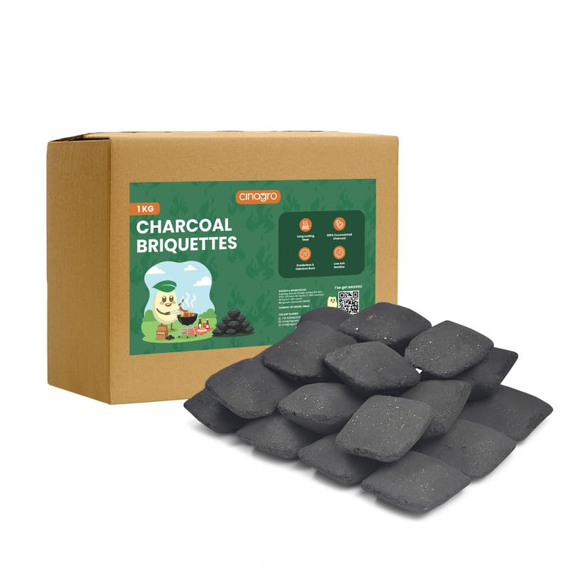 Image of Cinagro Charcoal Briquettes, 1kg, All-Natural Coconut Shell, Low Smoke | Pillow Shape Long-Lasting Fire Cubes for Smoky Heat, Even-Burning for BBQ