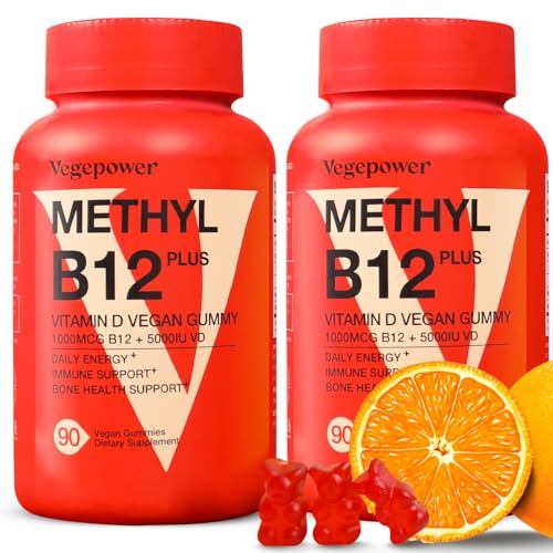 Vitamin B12 1000 mcg Gummies for Adults - Vegan Methyl B12 & D3 5000 IU Vitamin Gummy Supplements for Women - Supports Bone Health & Energy Boost - Non-GMO, Orange Flavor 180 Bears