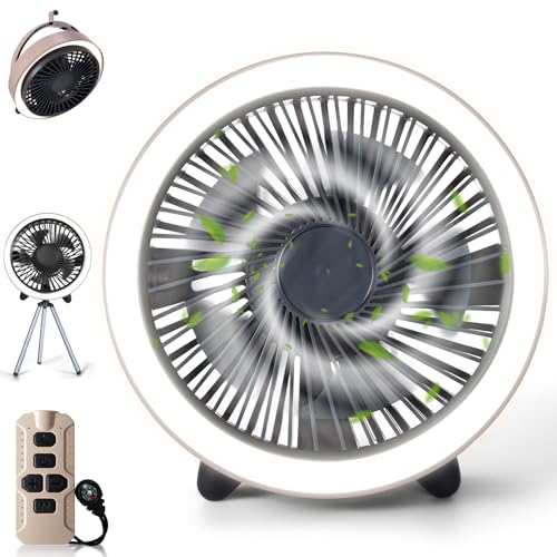 BXOXD Camping Ventilator mit LED & Fernbedienung 10400mAh, Wiederaufladbarer USB Ventilator mit Haken, Timer, Tischständer, Outdoor-Lüfter for...