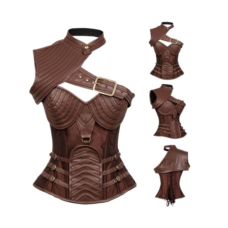 Brązowy gorset vintage gotycki w stylu steampunk, kurtka w stylu burleski, pancerz na ramionach, bolerko overbust, gorset ze stalowymi fiszbinami