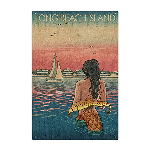 Lantern Press LBI, Mermaid and Beach, Woodblock Print 84073 (6 x 9 Wood Wall Sign, Wall Decor Ready to Hang)