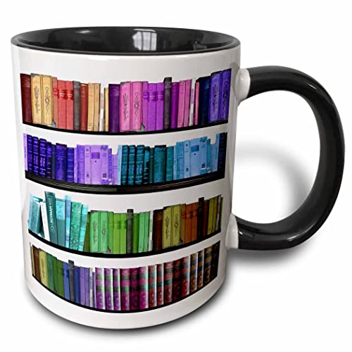 3dRose Colorful bookshelf books - Rainbow bookshelves - reading book geek library nerd - librarian author 11oz Two-Tone Black Mug