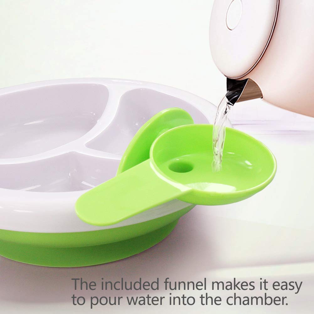 Matyz 2-Pack Baby Feeding Suction Warm Plate with Draining and Drying Design - Stay Put Divided Plate for Kids - Including 2 Toddler Plates and 4 Spoons - Microwave & Dishwasher Safe (Green)