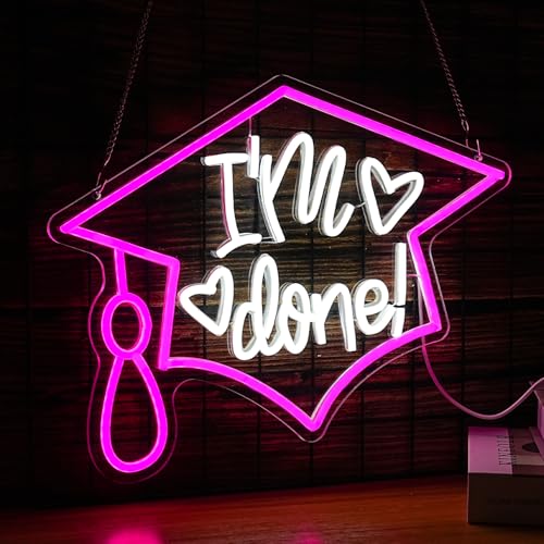 Image of I'm Done Neon Sign LED Bachelor's Cap Light Sign Dimmable Graduation Decor Neon Light USB Powered Congrats Neon Light for Commencement School Graduation Party Wall Decor(16.5 * 12.6 In)