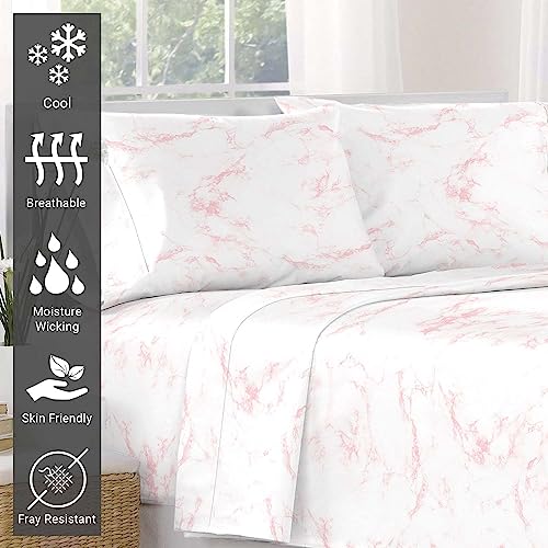 Pizuna Carrara Marble Pink Print Flat Sheet Super King Size, 100% Long Staple Cotton 400 Thread count Bedding Super King - Image 2
