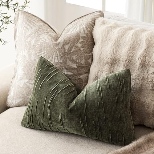 Image of Foindtower Pack of 2 Slubby Textured Chenille Throw Decorative Pillow Covers Lumbar Accent Solid Cushion Cover Neutral Farmhouse Pillow Case for Couch Bedroom Living Room 12x20 Inch,Dark Olive Green
