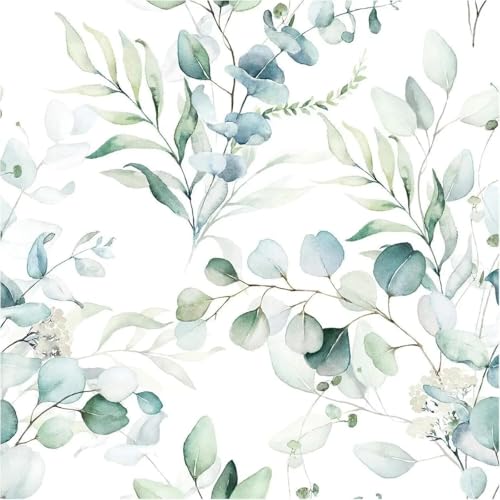 Image of ELTON Waterproof Peel and Stick Floral Wallpaper, Self-Adhesive Vinyl Wall Covering for Bedroom, Living Room Bathroom Cabinet, Countertop (50 Sq feet, Green Eucalyptus Leaf Pattern)