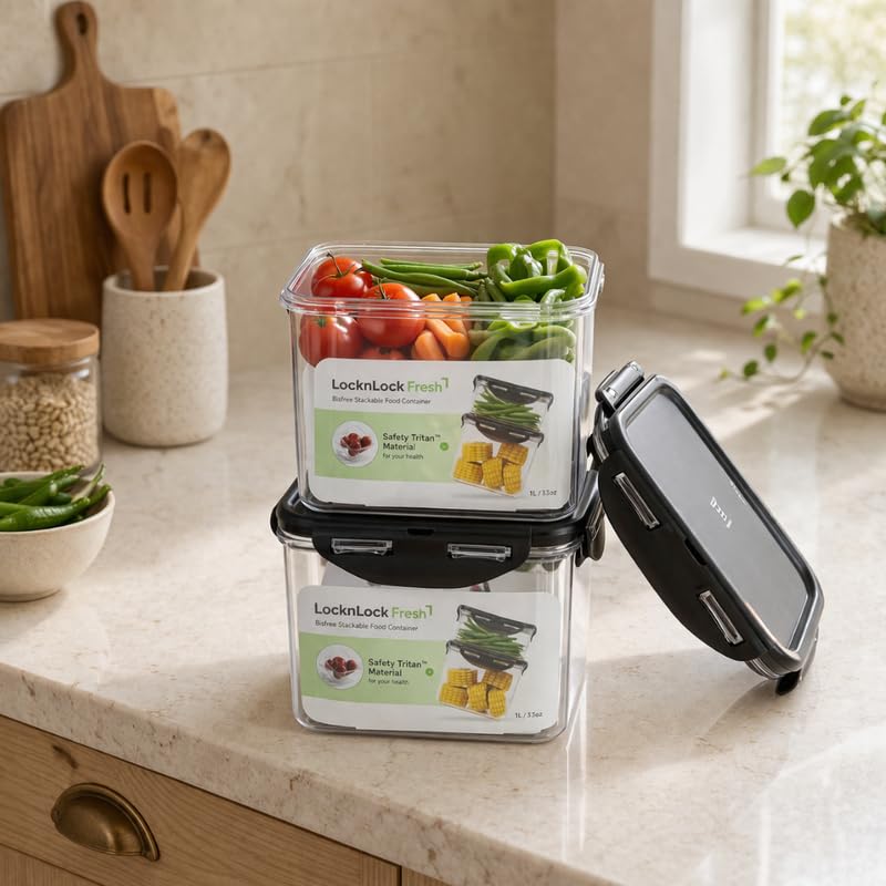 Image of LocknLock Bisfree Modular Storage Container Setof 2 (1000ml) | Stackable Airtight Food Containers | Microwave, Freezer & Dishwasher Safe | BPA Free Kitchen Storage Boxes