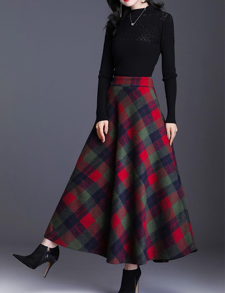 Women's Plaid Skirt Warm Elastic Waist Wool A-Line Pleated Tartan Winter Long Skirts - Image 3