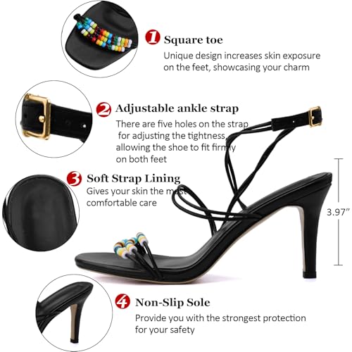 Strappy Sandals Stiletto Heels For Women Open Squared Toe Ankle Strap Beaded Peral Summer High Heels Casual Vacation Beach Daily Shoes2