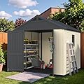 Devoko 8 x 8 FT Plastic Storage Shed with Floor, Outdoor Resin Tool Shed with Lockable Door & Sloping Roof, Patio Kick-it Shed for Garden, Backyard, Lawn, Beige