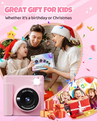 Image of TIATUA Kids Instant Print Camera, 1080P HD Video Digital Toy, Pink | Includes 32GB Card, 3 Rolls Paper & 5 Coloured Pens, Inkless Print, 16x Zoom, Christmas Birthday Toy Gift for Kids 3-14