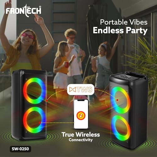 Image of FRONTECH Multimedia Party Speaker, 20W Output, Dual 4 inch Drivers, RGB Light Tower Design, Bluetooth 5.0, 2400mAh Battery, TWS, FM, USB, AUX, MIC, Portable Speaker, 1 Year Warranty (SW-0250)