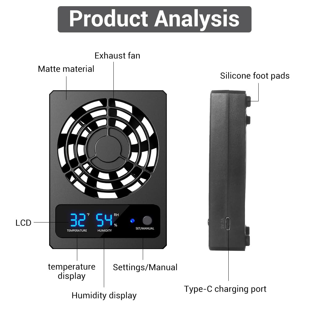 Reptile Ventilation Fan, USB Dehumidifier for Rainforest Terrarium with LCD Digital Display, Increasing Air Circulation for Amphibians, Reptiles - Image 2