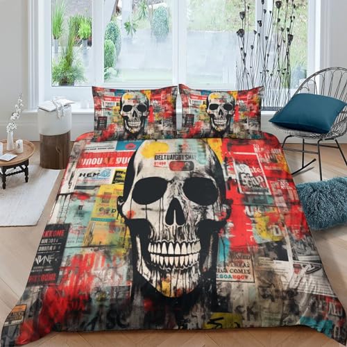 Housse de couette crâne 3D King parure de lit street art ado microfibre