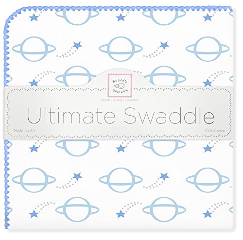 SwaddleDesigns Ultimate Winter Swaddle, X-Large Receiving Blanket, Made in USA, Premium Cotton Flannel, Blue Shooting Stars and Planets (Mom's Choice Award Winner)
