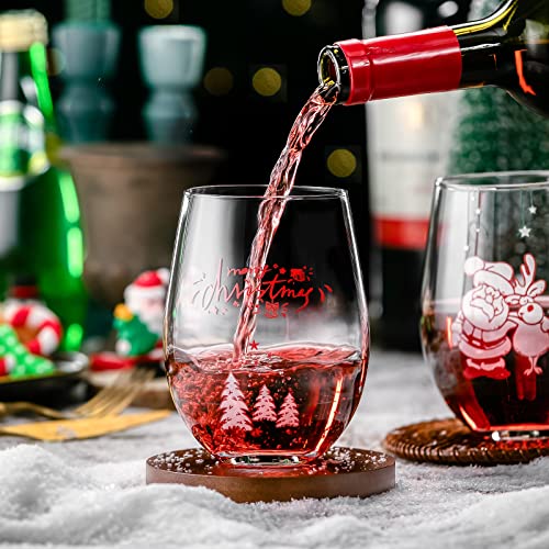 Gezzeny Christmas Wine Glasses, Merry Christmas Crystal Stemless Wine Glasses 15 Oz Set Of 2 Wine Glass Set With Christmas Tree And Santa Printing, Idea Christmas Gift For Women, Men, Family, Friends #TOP2