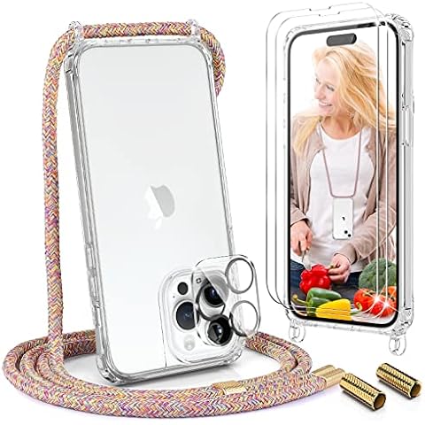 UYMO Handykette Hülle mit Band Für iPhone 14 Pro 6.1" - mit 2 Stück Schutzfolie & kameraschutz, Necklace Transparent Handyhülle Case mit Schnur Abnehmbar,Schutzhülle zum Umhängen Kordel, Regenbogen Cover