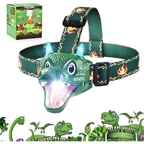 ELUTENG LED Headlight, Dinosaur Toys LED Headlamp for Kids, Triceratops LED Head Torch for Boys Girls or Adults, Realistic Dino Roar Sounds 4 Modes Helmet Light for Running Camping Reading, Green Cover