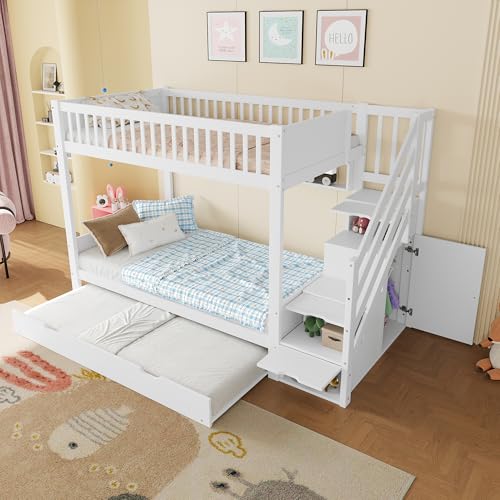 Ojiuboo Litera multifuncional para niños con cama nido, estantería, armario y compartimentos de almacenamiento. Colchón no incluido. Ahorro de espacio, 90 x 200 cm, color blanco
