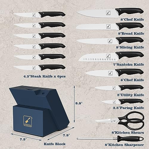 Image of imarku Kitchen Knives Set, 16 Pcs Stainless Steel Knife Set with Block and Sharpener, Dishwasher Safe, Knife Block Set with Ergonomic Handle, Gifts for Women