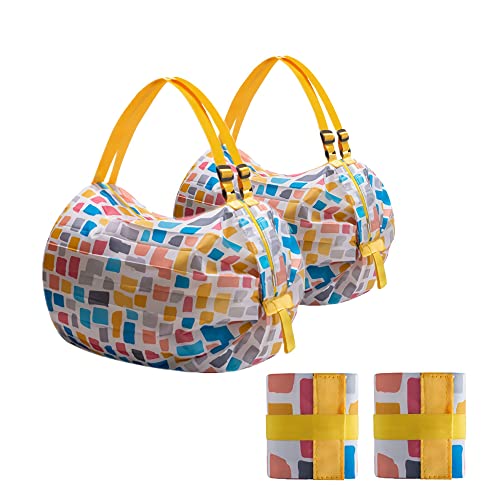 Woonsoon 2-Pcs Reusable Grocery Bags with Handles Foldable Washable Shopping Waterproof Large Capacity Tote Bag (yellow square)