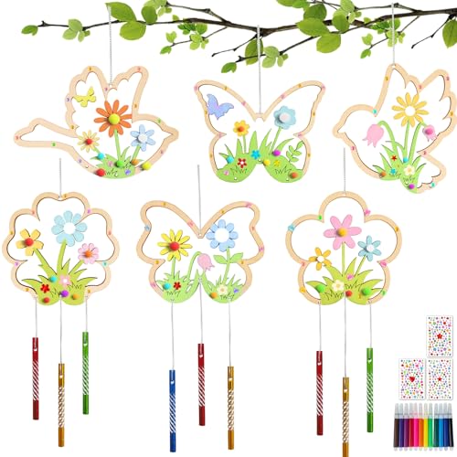 Bastelset Kinder Windspiel, 12 Holzanhänger mit 6 Motiven, Basteln Mädchen ab 4 5 6 7 8 9 Jahre, Schmetterling Deko, Mitgebsel Kindergeburtstag, Frühling Ostern Geschenk, Osterbasteln mit Kindern