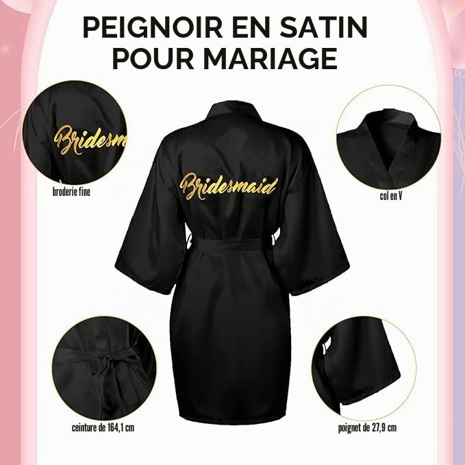 MSYU Lot de 6 robes kimono en satin noir et blanc pour demoiselles d'honneur pour mariage, demande en mariage et fête