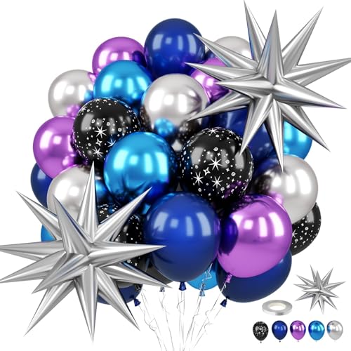Galaxy Space Balloons 12 Inch Navy Blue Metallic Blue Purple Silver Black Star Print Balloons with Silver Star Foil Balloons for Boys Astronaut Space Birthday Party Decoration