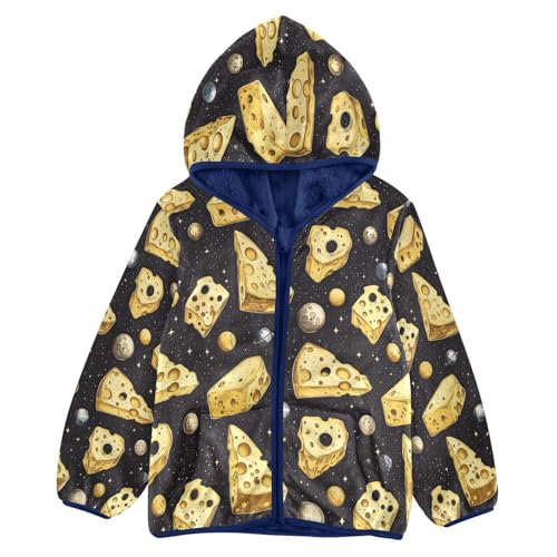 Cheese Pieces in Space Pattern Toddler Fleece Jacket Girl Boys Hooded Fleece Jacket Coat Warm Outwear Zip-up 3-10T